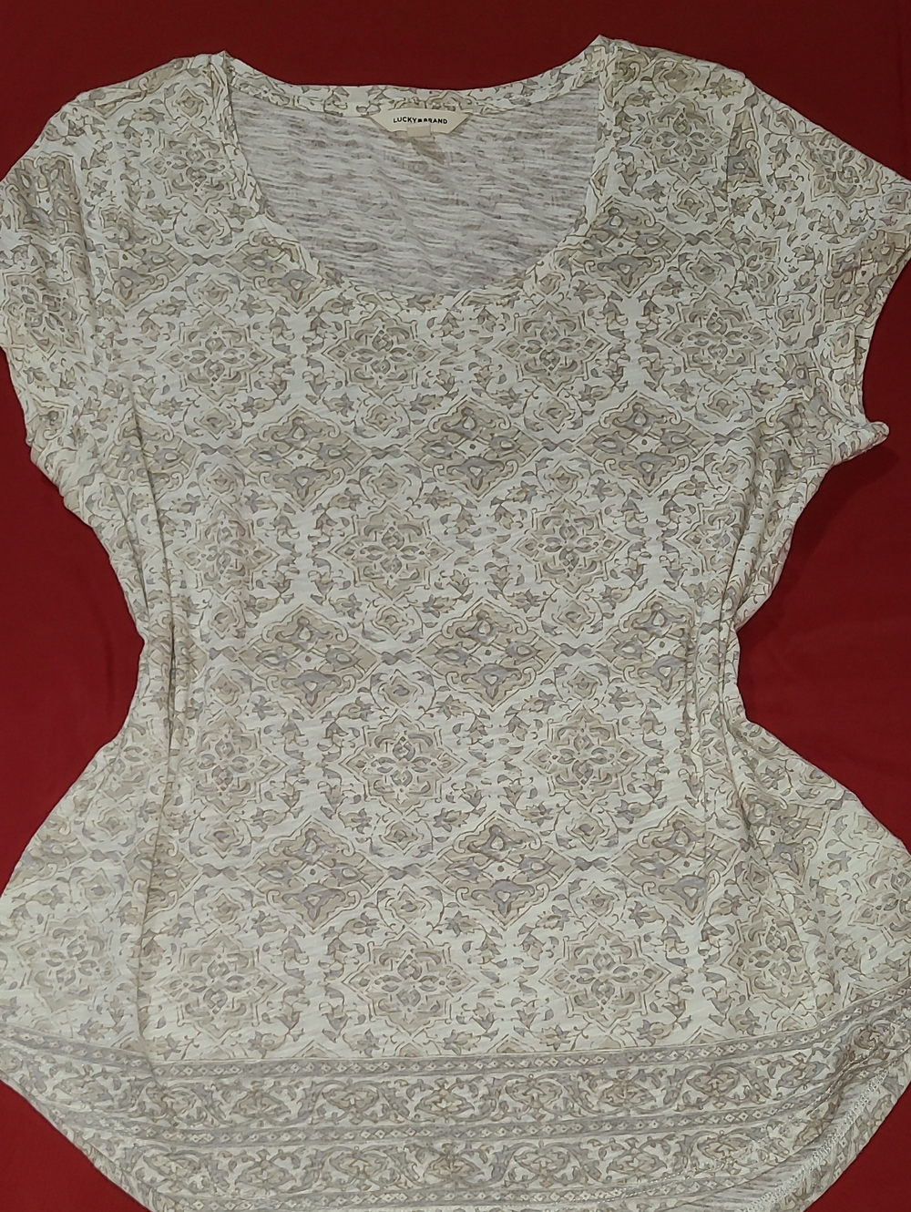 Lucky Brand Cream and Beige Printed Short Sleeve Tee